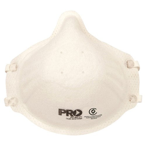 Front of the white moulded P1 cup respirator with PRO print and a standards mark near the base and strap tabs on each side