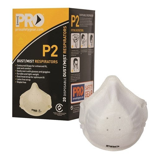 Pro Choice P2 dust and mist respirator box of 20 for Zions PC305, yellow and black, with a white moulded cup mask standing in front