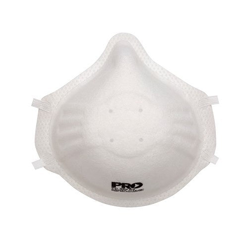 Front view of the white moulded P2 cup respirator with PRO printed near the base and strap tabs at each side