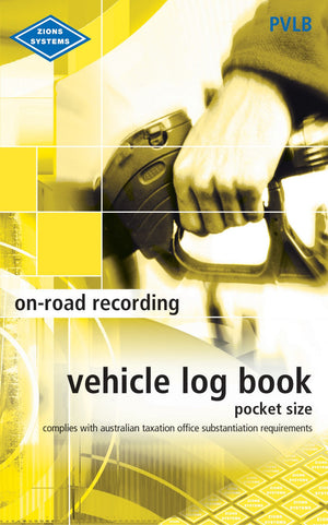 Front cover of the Zions PVLB pocket size vehicle log book, yellow toned photo of a hand gripping a fuel nozzle, on-road recording title and ATO substantiation line