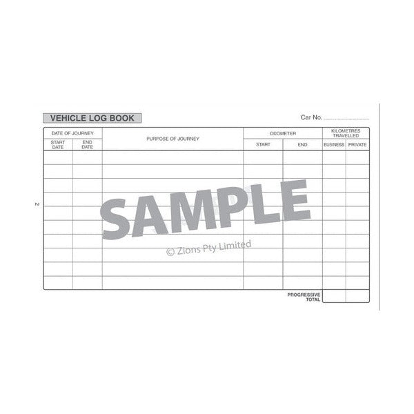 Vehicle Log Book sample page with a Car No. line and columns for journey start and end dates, purpose, odometer readings and business or private kilometres