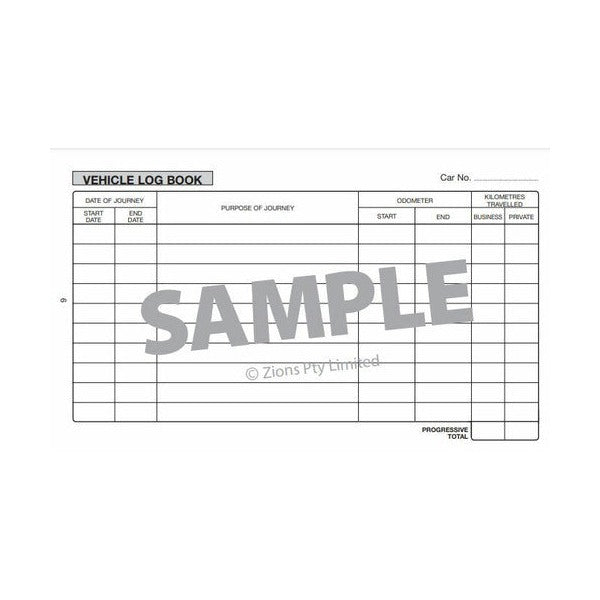 Vehicle Log Book sample page with a Car No. line and columns for journey dates, purpose of journey, odometer start and end and kilometres travelled