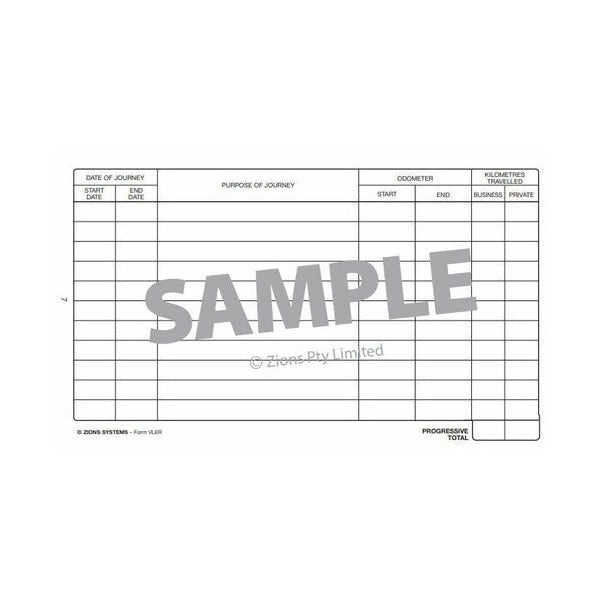 Facing log page with the same journey, odometer and business or private kilometre columns, Zions Systems Form VLER footer and a progressive total