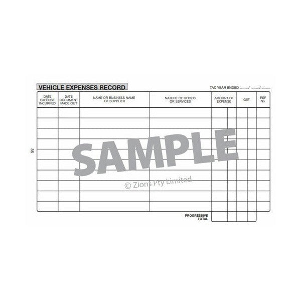 Vehicle Expenses Record sample page with a tax year ended line and columns for expense dates, supplier, goods or services, amount, GST and ref number