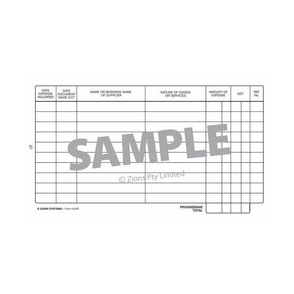 Continuation of the vehicle expenses record with dated supplier, goods, amount, GST and reference columns, Form VLER footer and progressive total