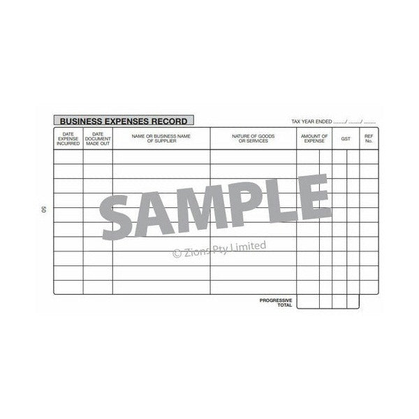 Business Expenses Record sample page headed with tax year ended, ruled for dates, supplier name, nature of goods or services, amount, GST and ref number