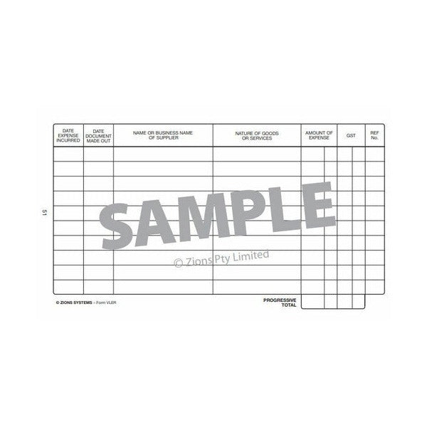 Second business expenses record page with matching columns, marked SAMPLE with Zions Pty Limited and a progressive total at the foot