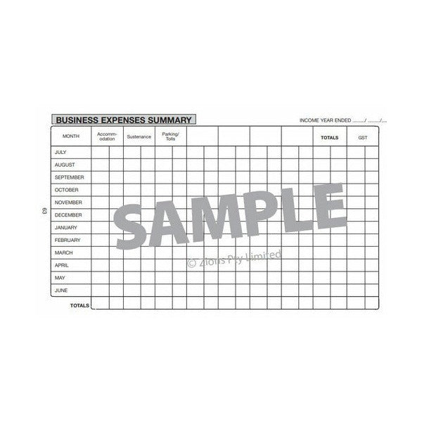 Business Expenses Summary page with rows for each month from July to June and columns for accommodation, sustenance, parking and tolls, totals and GST