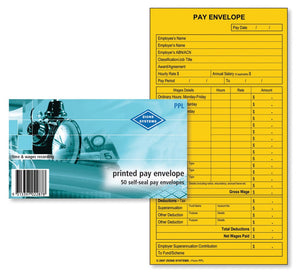 Zions PPL pack label reading printed pay envelope, 50 self-seal pay envelopes, overlapping a gold pay envelope with pay date, wages details and deductions fields printed on the front
