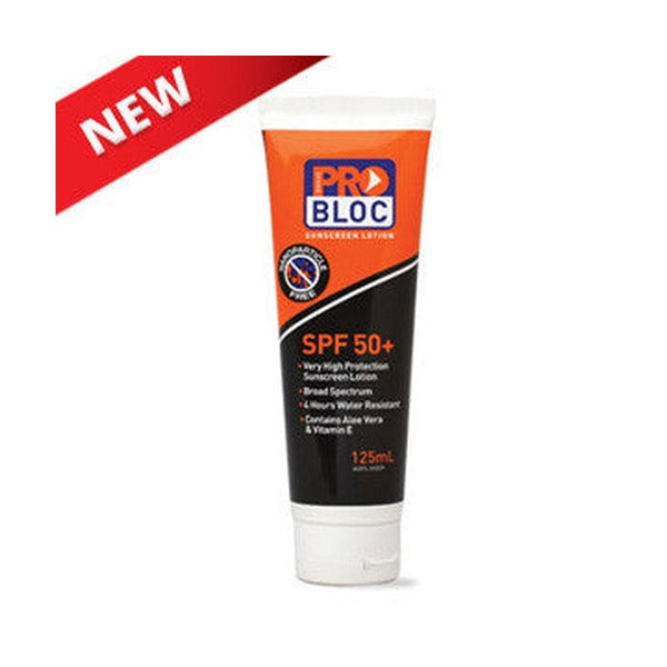 Pro Bloc SPF 50+ 125ml sunscreen tube shown at an angle with a red NEW banner in the top left corner of the image