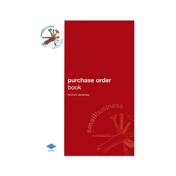 Front cover of the Zions SBE6 purchase order book in red, printed purchase order book duplicate carbonless, with the small business essentials tools logo and the Zions Systems diamond