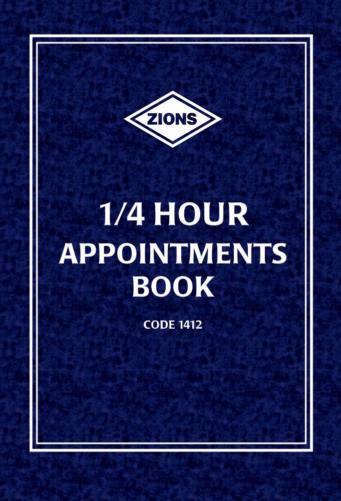 Alternative navy cover of the Zions 1/4 Hour Appointments Book with a white border frame, white Zions diamond logo and Code 1412 printed below the title
