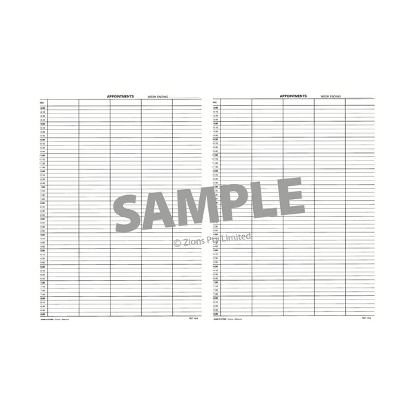 Open two page sample spread of the Zions appointment book showing quarter hour time rows down each page and blank columns, with a SAMPLE watermark