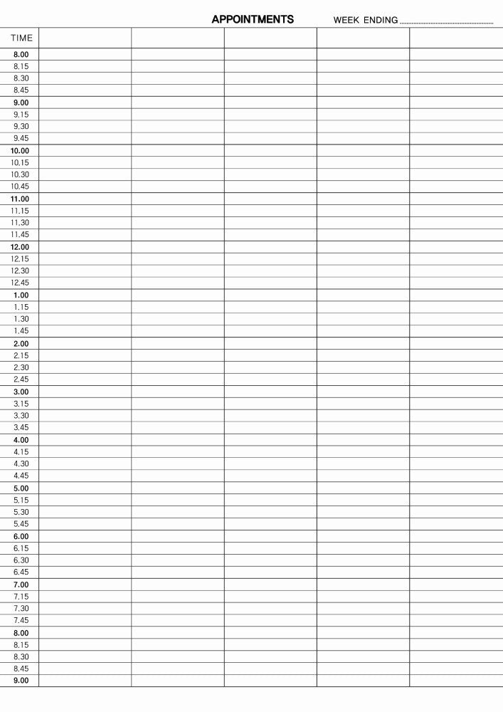 Single appointments page headed Appointments and Week Ending, with a time column from 8.00 to 9.00 in quarter hour rows and wide blank columns