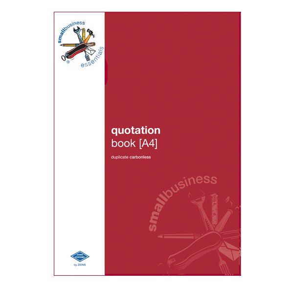 Front cover of the Zions SBE11 A4 quotation book in red with the words quotation book A4 duplicate carbonless and the small business essentials tools logo on a white band