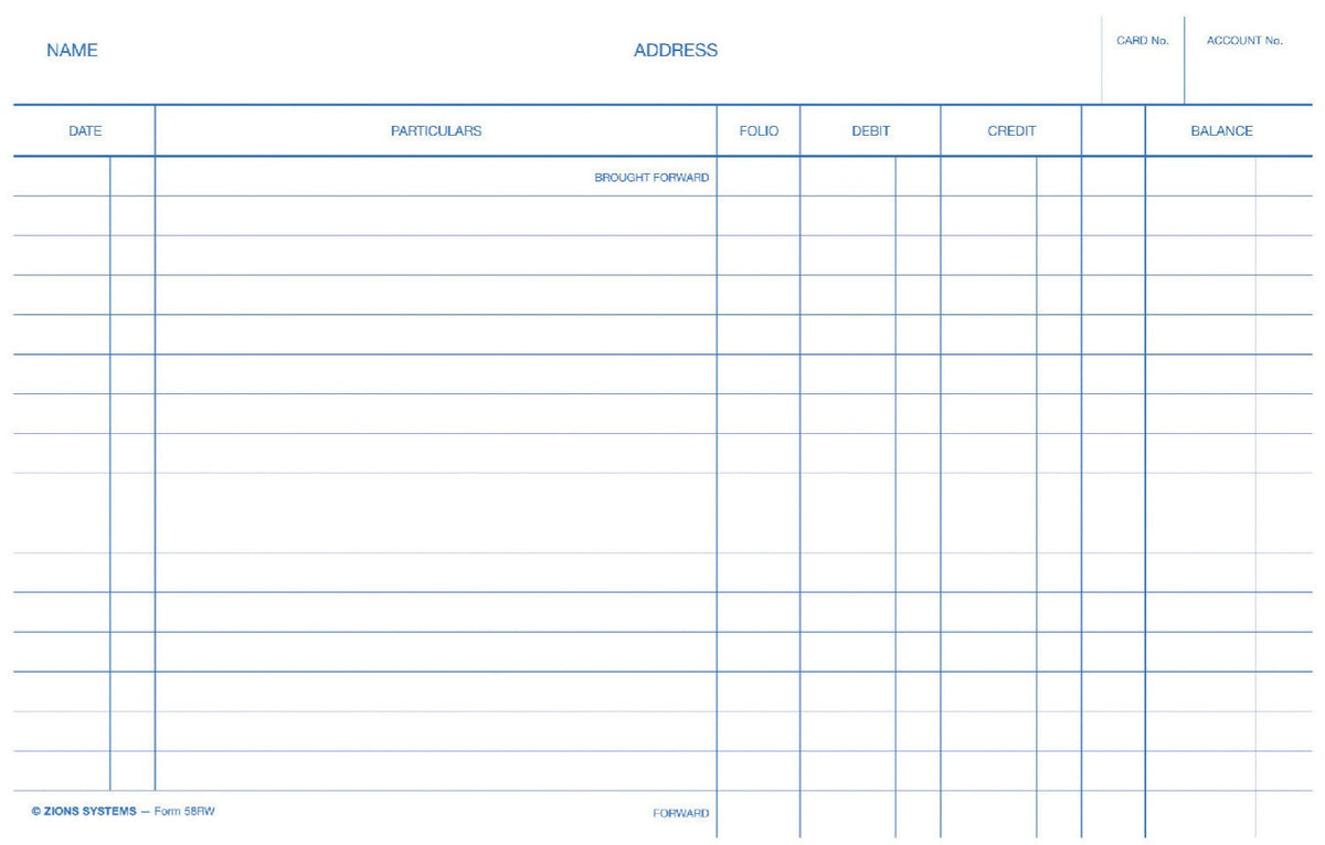 Zions 58RW R system ledger card in blue print on white with name, address, card number and account number boxes above date, particulars, folio, debit, credit and balance columns