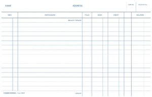 Zions 58RW R system ledger card in blue print on white with name, address, card number and account number boxes above date, particulars, folio, debit, credit and balance columns