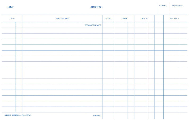 Zions 58RW R system ledger card in blue print on white with name, address, card number and account number boxes above date, particulars, folio, debit, credit and balance columns