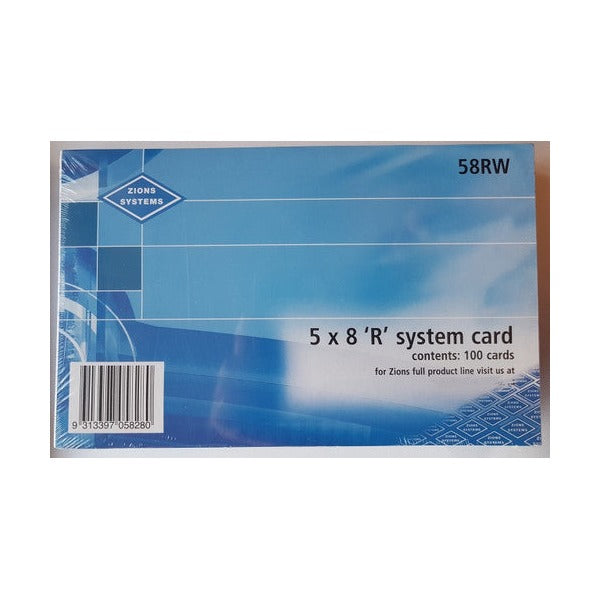 Shrink wrapped pack of Zions 58RW 5 x 8 R system cards with a blue label reading contents 100 cards and a barcode in the corner