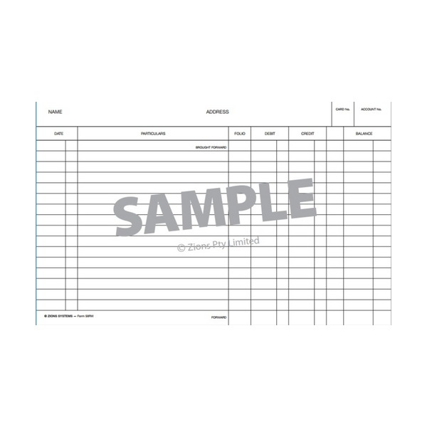 Zions R system card marked SAMPLE showing the ruled debit, credit and balance columns with brought forward and forward lines