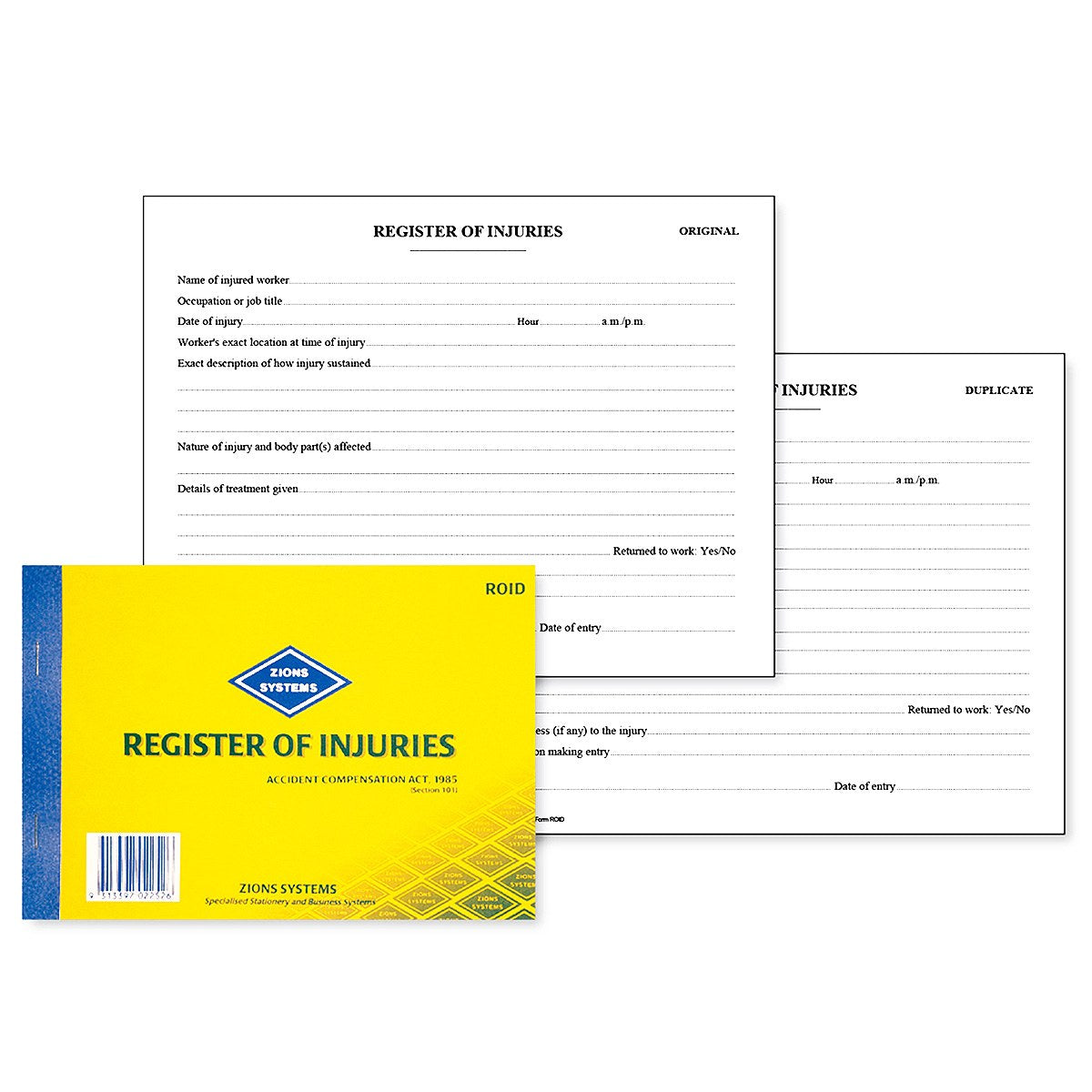 Zions Register of Injuries book cover in front of an ORIGINAL and a DUPLICATE injury form showing the ruled entry fields
