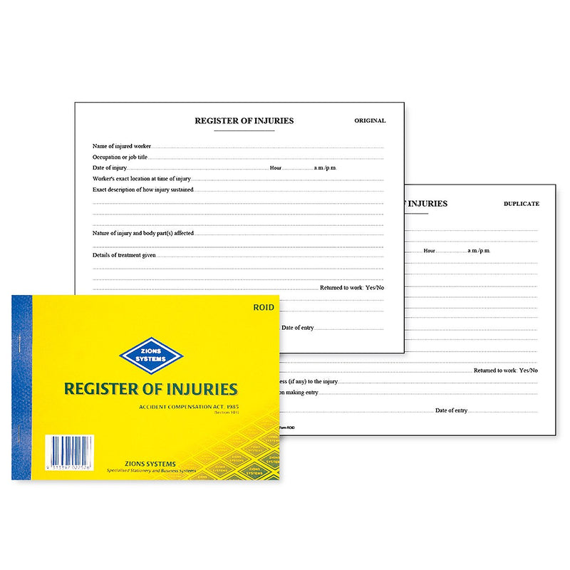 Zions Register of Injuries book cover in front of an ORIGINAL and a DUPLICATE injury form showing the ruled entry fields