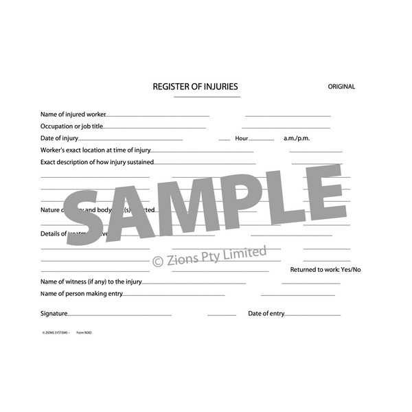 Sample Zions Register of Injuries ORIGINAL form with lines for the injured worker, date and hour, location, how the injury happened, witness and signature
