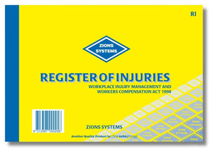 Current yellow Zions RI Register of Injuries book cover with a blue spine and the Workplace Injury Management and Workers Compensation Act 1998 printed under the title