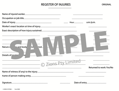 Zions Register of Injuries Book Victoria