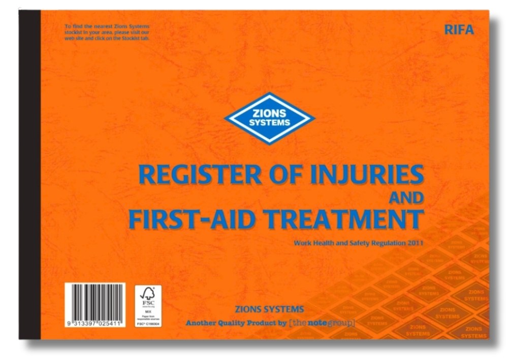 Current orange Zions RIFA Register of Injuries and First-Aid Treatment book cover with a black spine and Work Health and Safety Regulation 2011 printed under the title