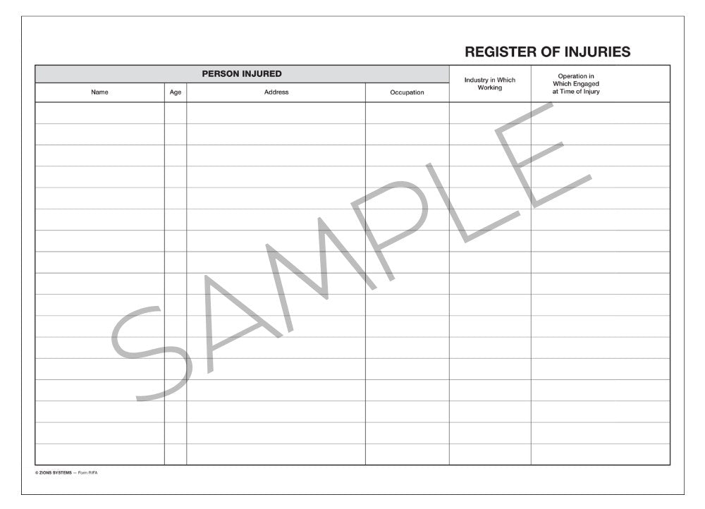 Sample left hand page of the Zions register headed Register of Injuries with Person Injured columns for name, age, address and occupation