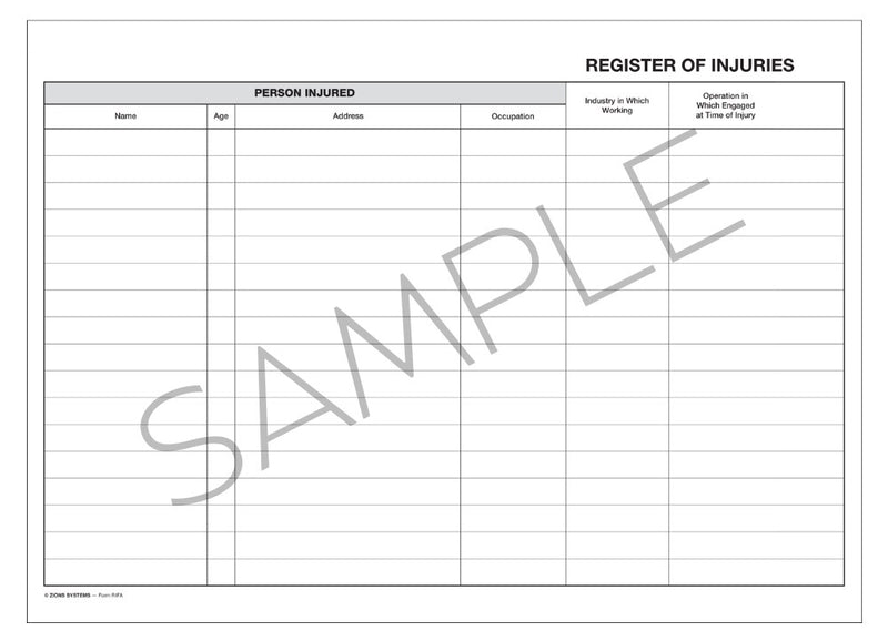 Sample left hand page of the Zions register headed Register of Injuries with Person Injured columns for name, age, address and occupation