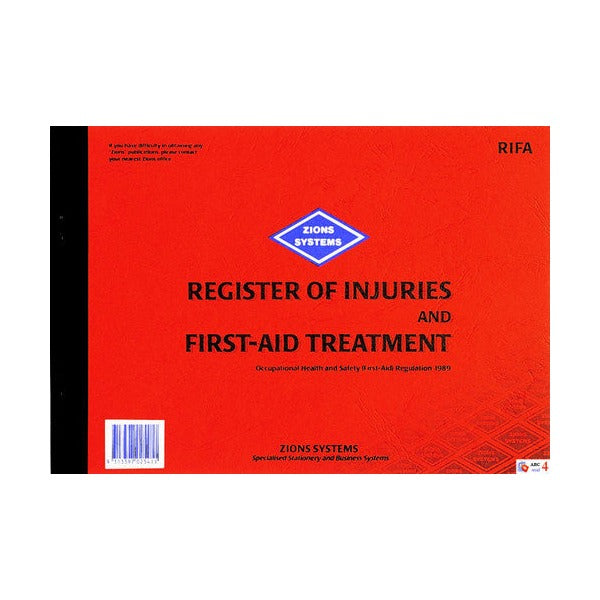 Earlier red Zions Register of Injuries and First-Aid Treatment book cover with the RIFA code at the top right