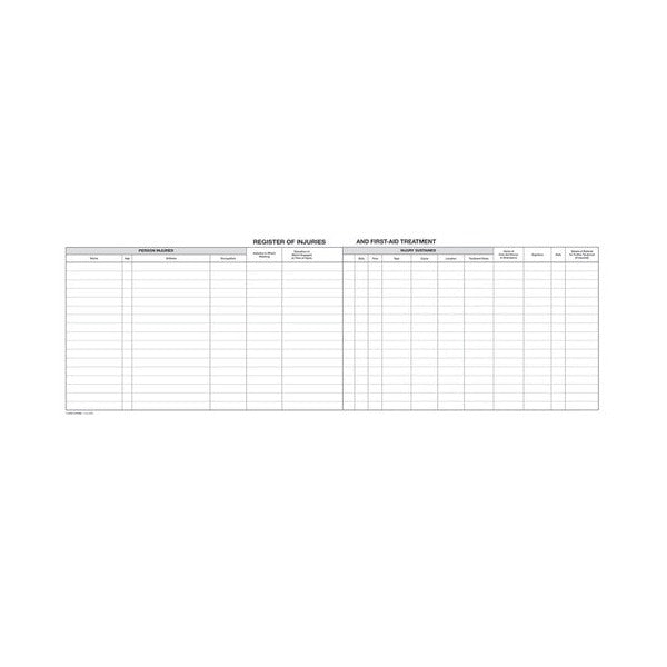 Small view of the Zions RIFA open spread showing the full width of the ruled injury and first aid columns