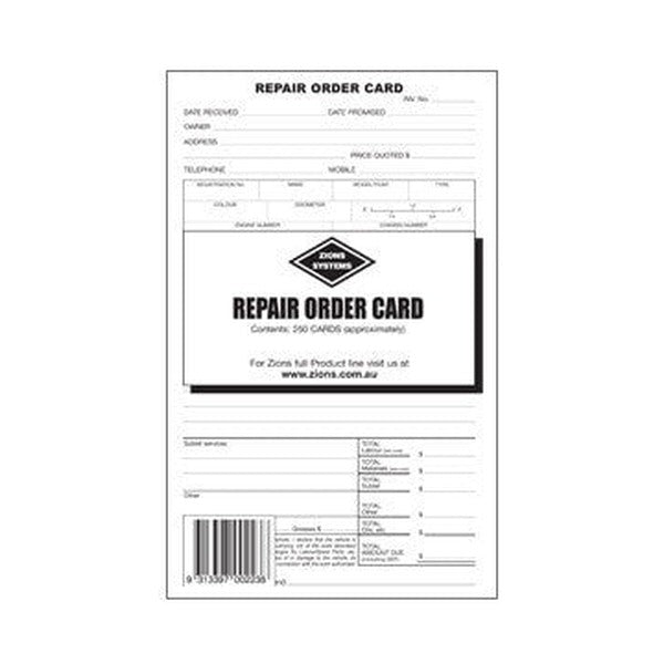 Zions repair order card with the pack label reading Contents 250 cards approximately, over the vehicle details and totals sections and a barcode at the foot