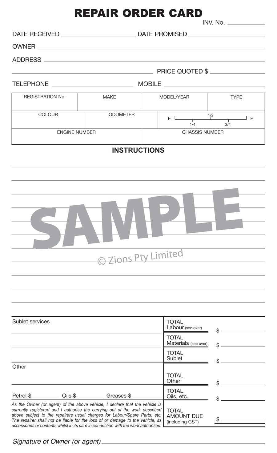 Front of a Zions repair order card, current print, with owner and date fields, registration, make, model, colour, odometer, fuel gauge, engine and chassis boxes and instructions lines