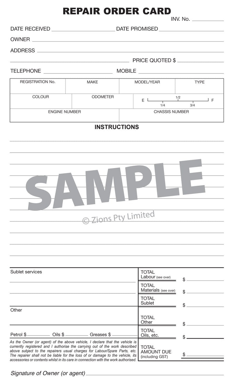 Front of a Zions repair order card, current print, with owner and date fields, registration, make, model, colour, odometer, fuel gauge, engine and chassis boxes and instructions lines