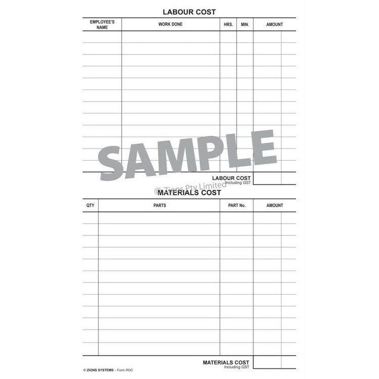 Back of a Zions repair order card marked SAMPLE with a labour cost table by employee, hours and minutes and a materials cost table by part and part number
