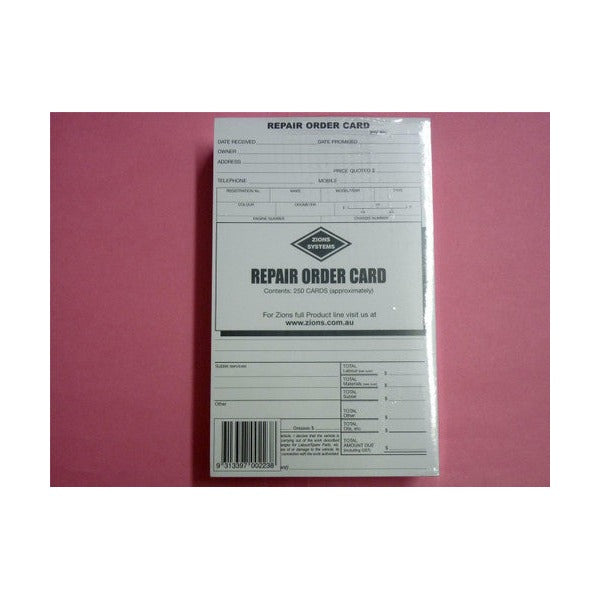 Shrink wrapped pack of Zions repair order cards photographed on a red background with the Zions label and barcode visible