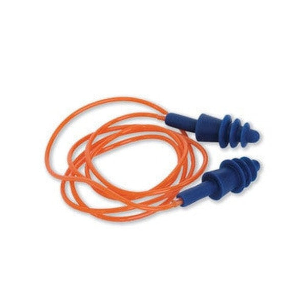 Pair of blue flanged silicone earplugs joined by a thin orange cord, the Zions EPSC reusable corded earplugs