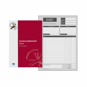 Red Zions Small Business Essentials invoice and statement book cover marked duplicate carbonless, beside a tax invoice and statement form
