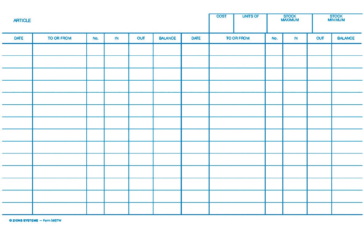 Zions 58STW white stock card printed in blue with article, cost, units of, stock maximum and stock minimum boxes over two sets of date, to or from, in, out and balance columns