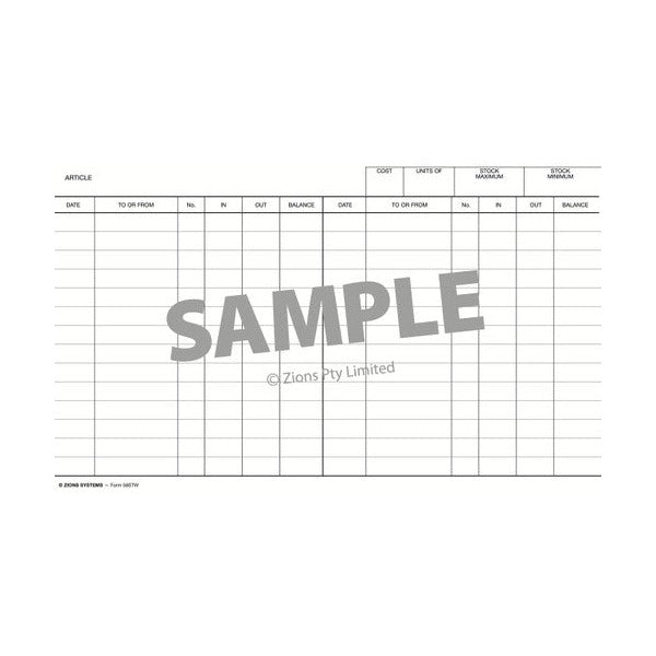 Sample Zions 5 x 8 stock card in grey print with the SAMPLE watermark, showing the article header and twin in, out and balance column sets