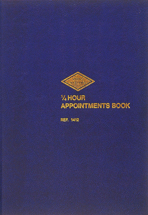 Zions A4 quarter hour appointment book open showing 8am to 9pm daily columns for up to 10 operators