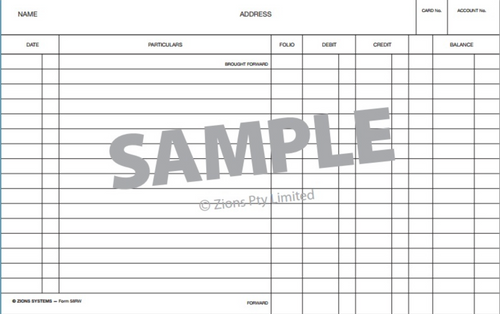 Zions 5 x 8 R System Card showing Debit, Credit and Balance columns printed in blue ink on white card