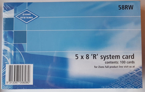 Pack of 100 Zions R System Cards measuring 127mm x 203mm for manual ledger recording