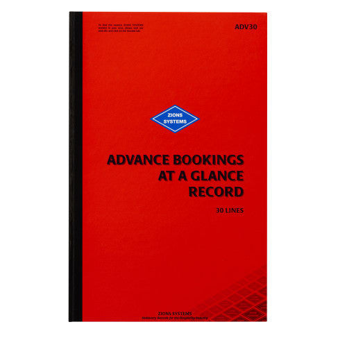 Zions Advance Bookings at a Glance Record open to show one month across double pages with 30 room lines