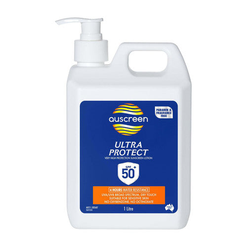 Zions Auscreen Ultra Protect SPF 50+ Sunscreen 1 litre bottle, fragrance-free and water-resistant, pack of 6