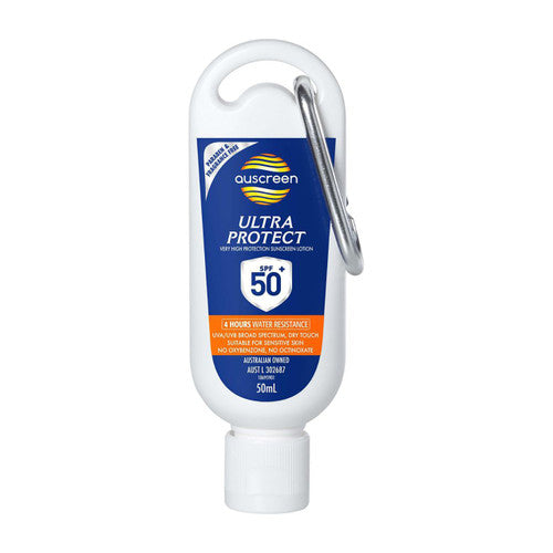 Zions Auscreen Ultra Protect SPF 50+ sunscreen 50ml carabiner bottle, fragrance-free formula