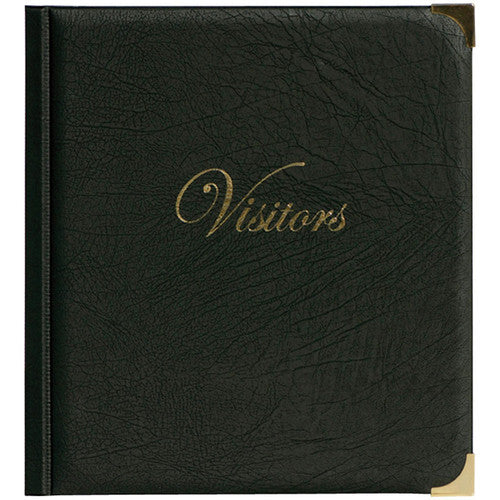 Zions black binder with brass corners and gold 'Visitors' text for Visitors Pass and Fire Registration System